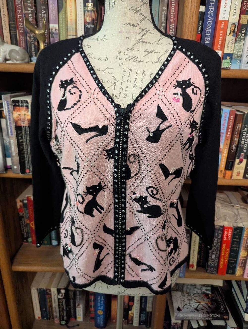 VTG  Collective Works of Berek Takako Sakon Beaded Sweater Size L Pink Black